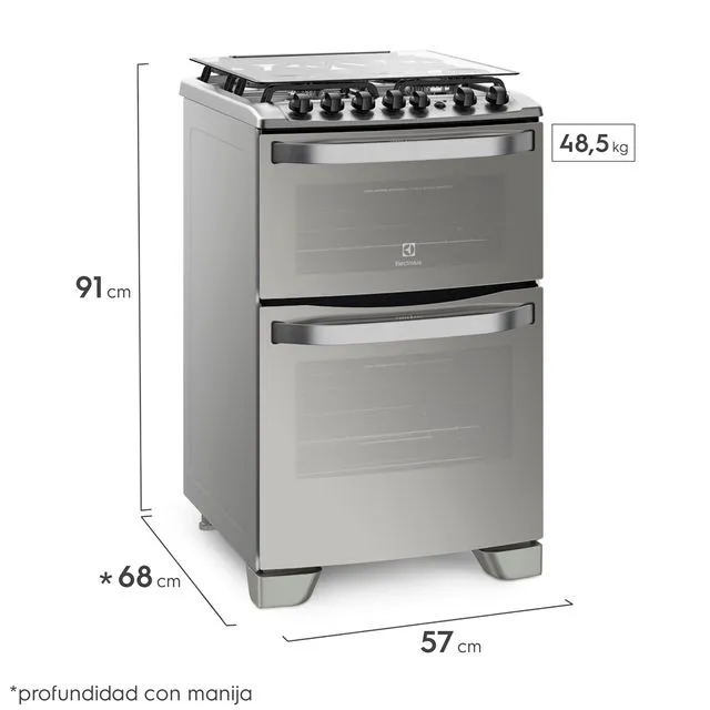 COCINA ELECTROLUX 56DXQ 56cm INOX DOBLE HORNO (ELEC-GAS) 4h ENC LUZ 91x56.2x68cm