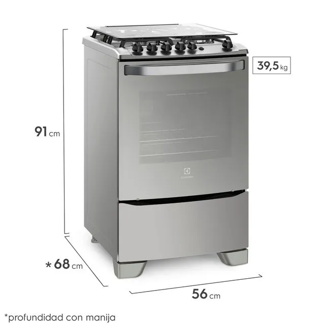 COCINA ELECTROLUX 56GXQ 56cm INOX 4 HORNALLAS GRILL ENC. 91x56x68cm CLASE A