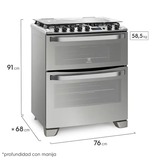 COCINA ELECTROLUX 76DXR 76cm INOX 5 HORNALLAS DOBLE HORNO 90x76x69cm CLASE A
