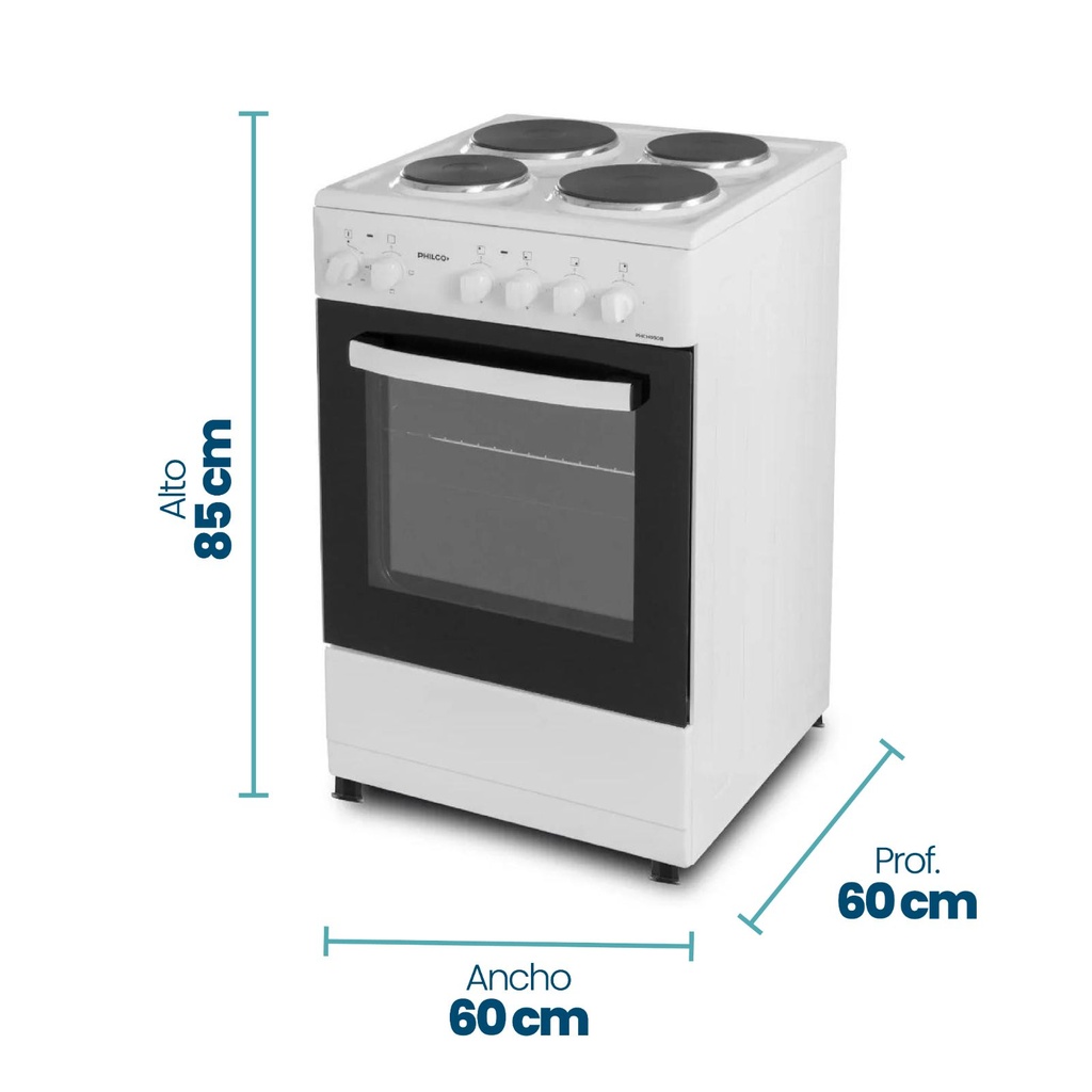 COCINA PHILCO PHCH060B ELECTRICA 60x60x85 TAPA HORNO VISOR 3 NIVELES COCCION