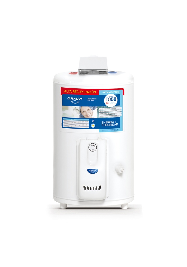 TERMOTANQUE ORMAY TQ50 LTS A/R ALTA RECUPERACION MULTIGAS CONEXION DUAL 42x78cm