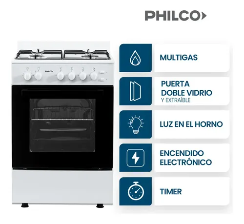 COCINA PHILCO PHCM56M BLANCA MULTIGAS 56CM 4 HORNALLAS FACIL LIMPIEZA