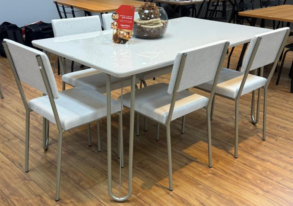 COMBO MESA KAPPESBERG RECTANGULAR OFF WHITE 160x90 + 6 SILLAS ZARIA CAÑO NIKEL TAPIZADO GAMUZA GRIS / BLANCO 90x42x54 CMC1020NK 