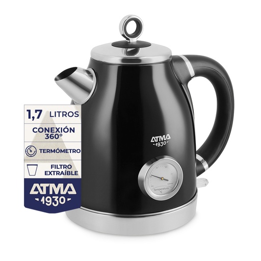 [03720021] JARRA ELECTRICA ATMA PEAT21VBP VINTAGE NEGRA 1.7L RELOJ TERMOMETRO INDICADOR TEM