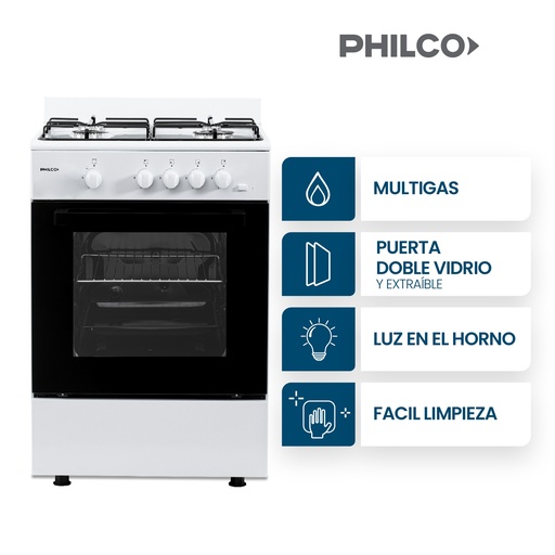 [111695405] COCINA PHILCO PHCM56BL ESSENTIAL BLANCA MULTIGAS 56CM 4 HORNALLAS FACIL LIMPIEZA