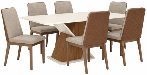 [933544] COMBO MESA HENN SOLUS RECTANGULAR NATURAL OFF WHITE 160x80 + 6 SILLAS PIETRA PATAS MADERA MACIZA CARAMELO/CREMA  91x46x55 SE933-544